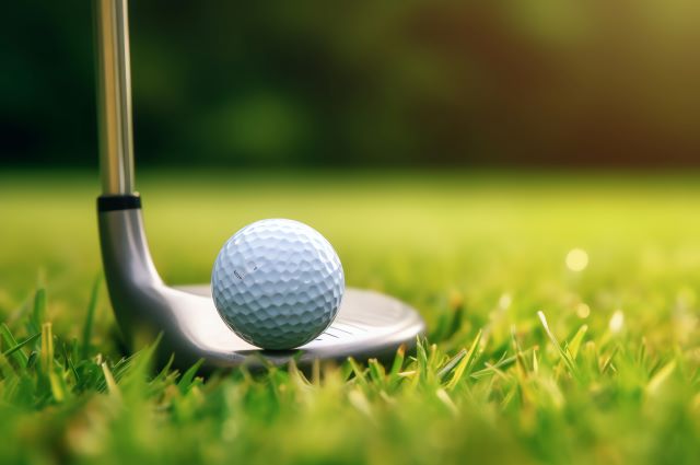 A golf ball sitting on top of a golf club on grass.