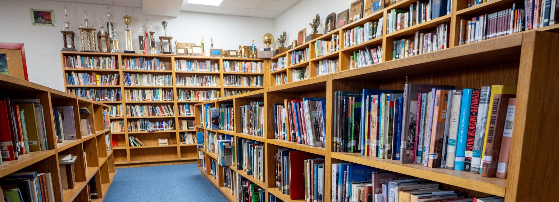 A cozy library filled with numerous books neatly arranged on wooden shelves and a large variety of trophies displayed on top.